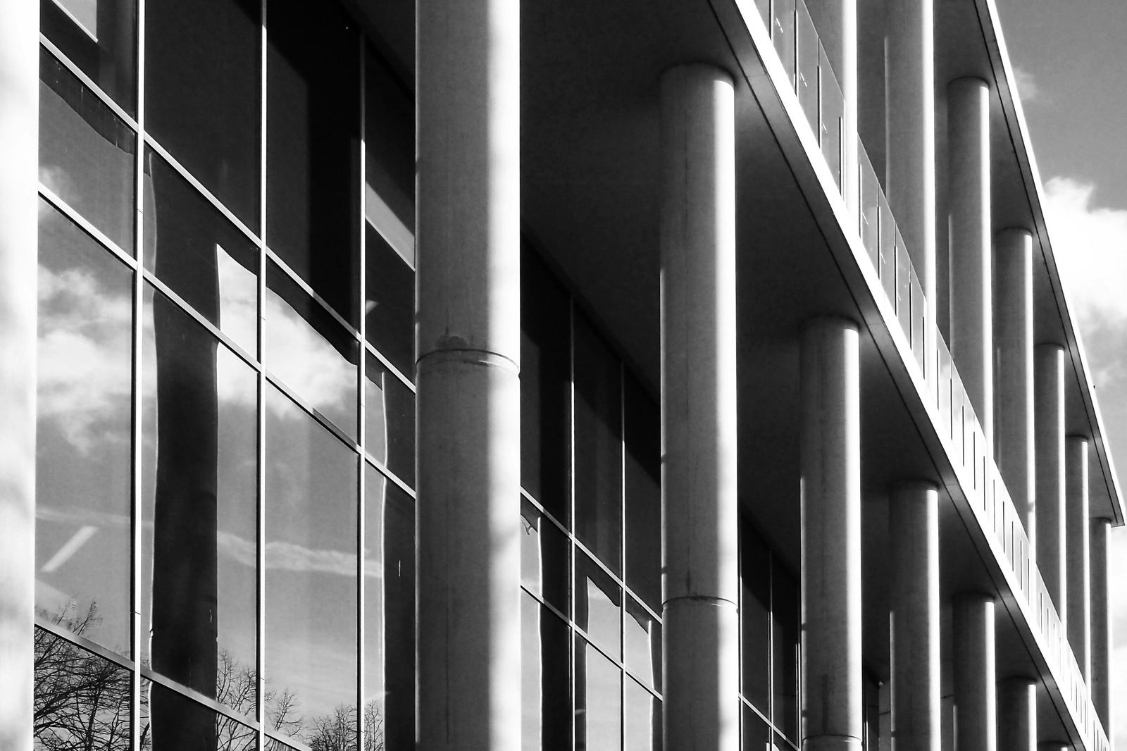 Glass facade behind a colonnade of slender concrete columns